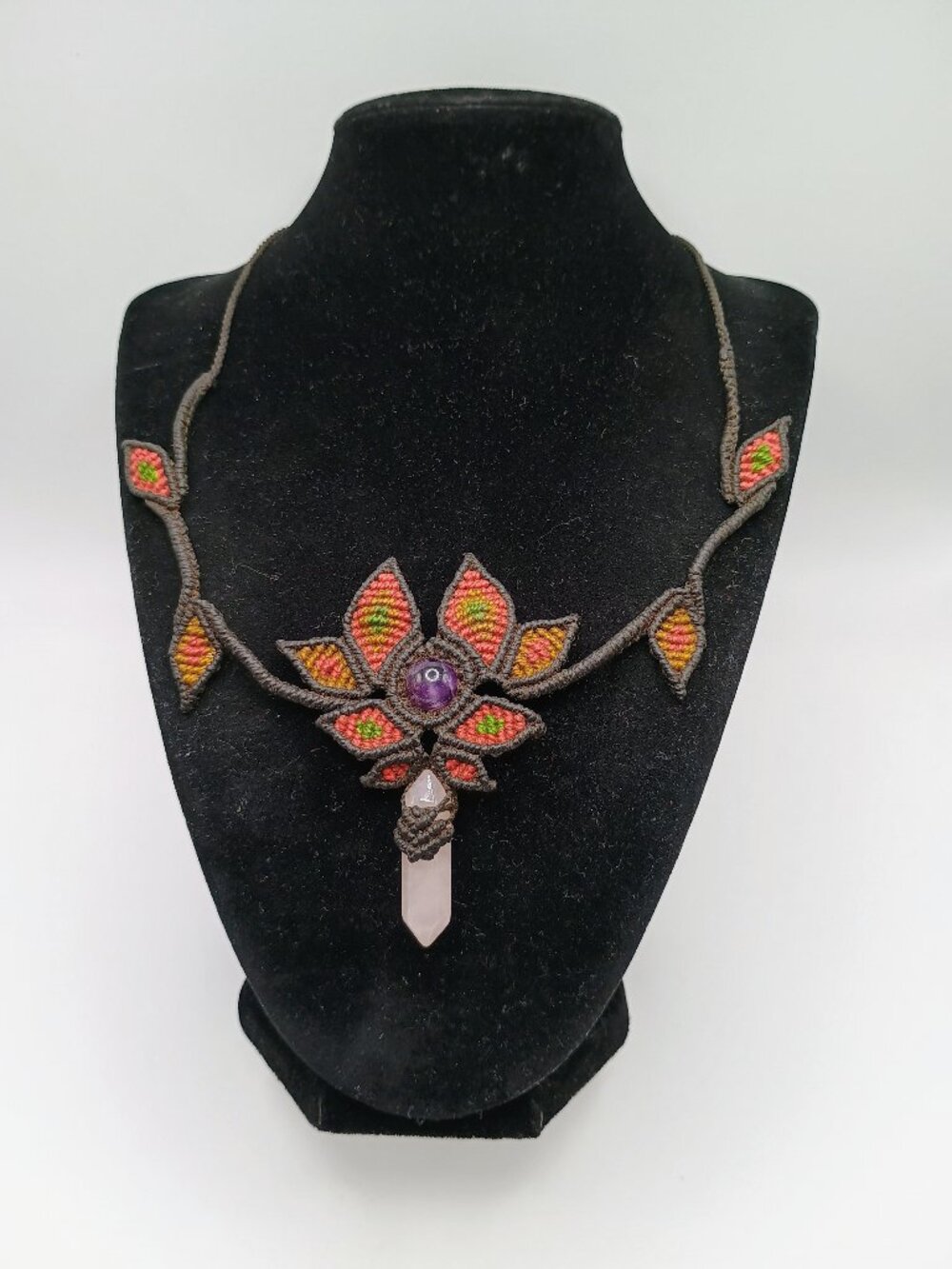 Handmade Macrame Necklace with Rose Quartz and Amethyst - Spiritual Amulet